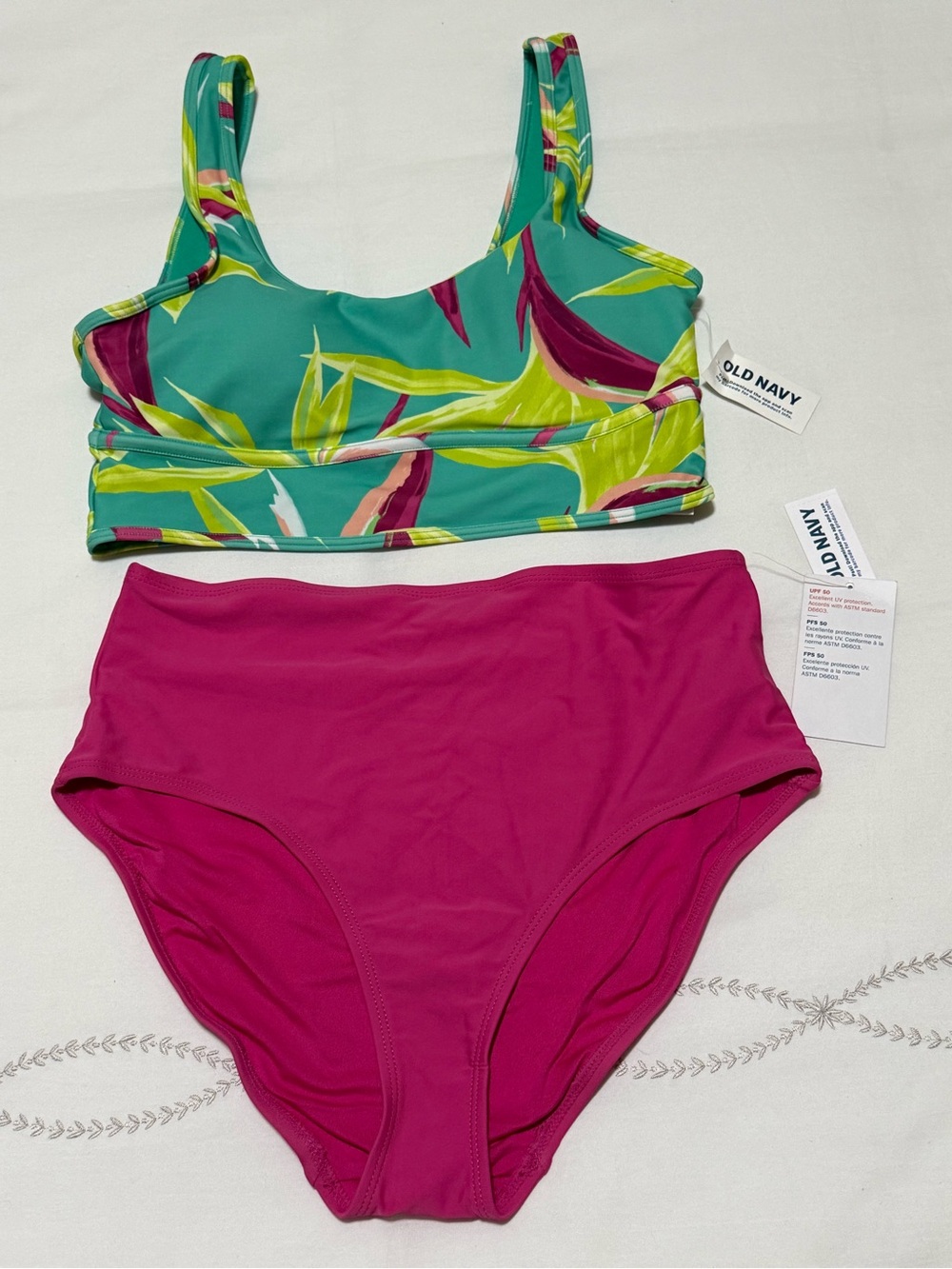 Old Navy Teal Tropical Print Bikini Top with Magenta High-Waist Bottom